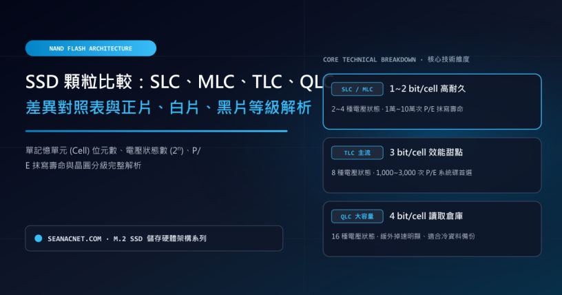 SSD 顆粒比較：SLC、MLC、TLC、QLC 差異對照表與正片、白片、黑片等級解析 特色圖片